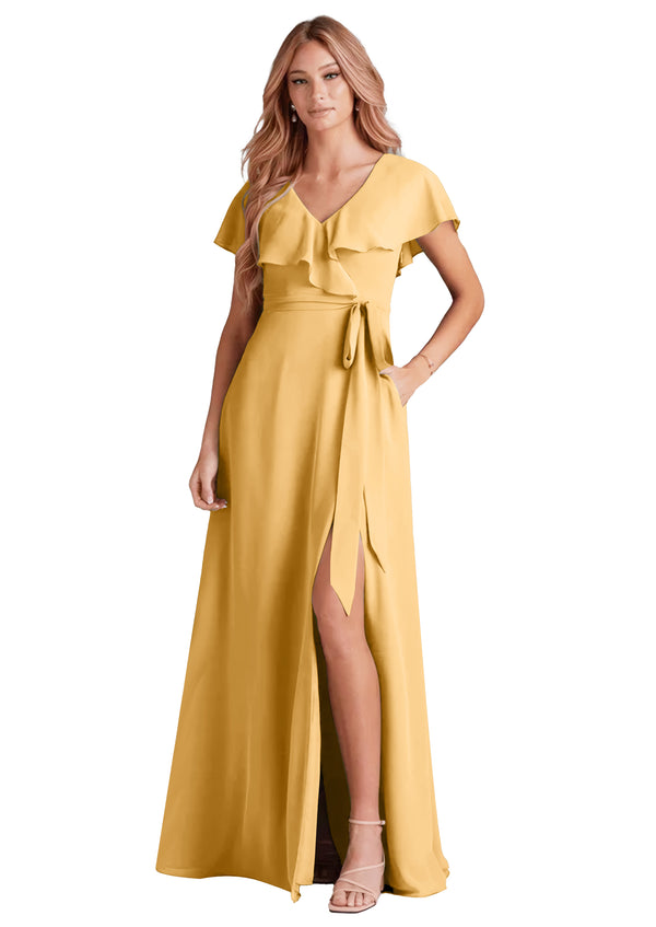 A-line V-Neck Floor-Length Chiffon Bridesmaid Dress With Ruffle