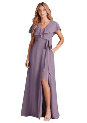 A-line V-Neck Floor-Length Chiffon Bridesmaid Dress With Ruffle