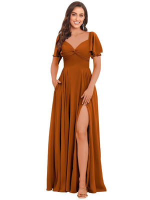 A-line V-Neck Floor-Length Chiffon Bridesmaid Dress With Ruffle