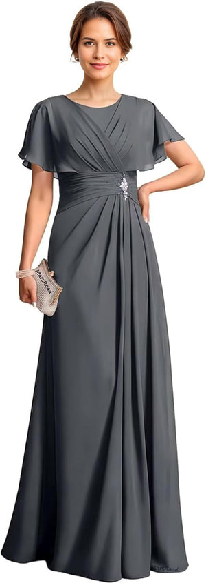 A-line Scoop Floor-Length Chiffon Mother of the Bride Dress With Pleated Beading