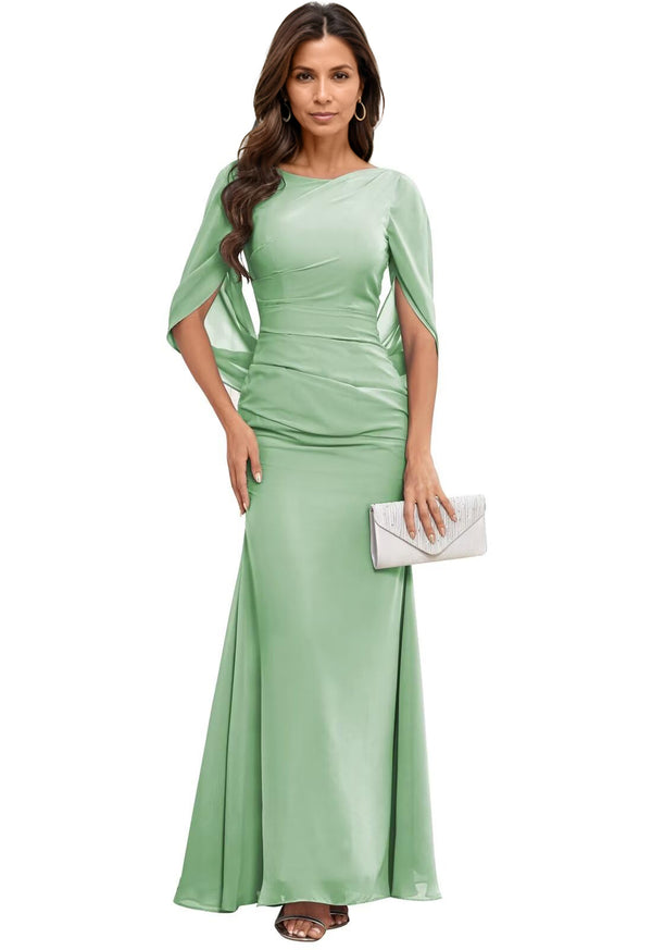 Trumpet/Mermaid Boat Neck Floor-Length Chiffon Mother of the Bride Dress With Pleated