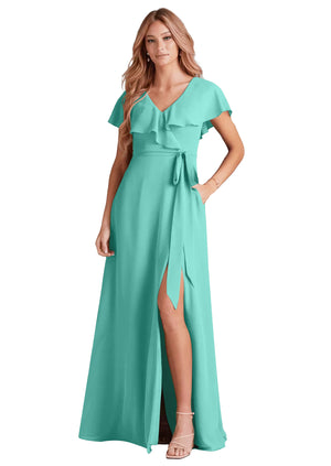 A-line V-Neck Floor-Length Chiffon Bridesmaid Dress With Ruffle