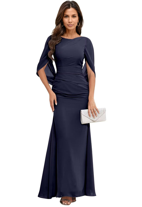 Trumpet/Mermaid Boat Neck Floor-Length Chiffon Mother of the Bride Dress With Pleated