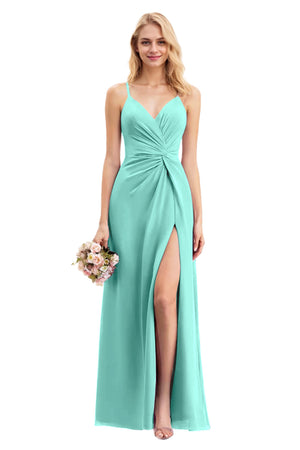 A-line V-Neck Floor-Length Chiffon Bridesmaid Dress With Ruffle