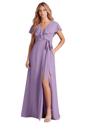 A-line V-Neck Floor-Length Chiffon Bridesmaid Dress With Ruffle