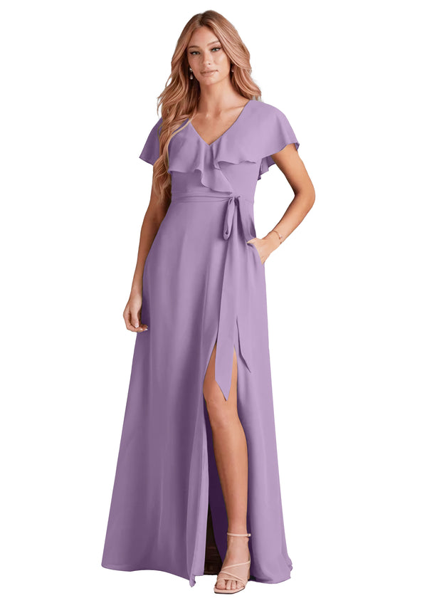 A-line V-Neck Floor-Length Chiffon Bridesmaid Dress With Ruffle