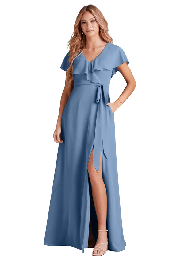 A-line V-Neck Floor-Length Chiffon Bridesmaid Dress With Ruffle
