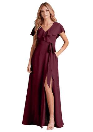A-line V-Neck Floor-Length Chiffon Bridesmaid Dress With Ruffle