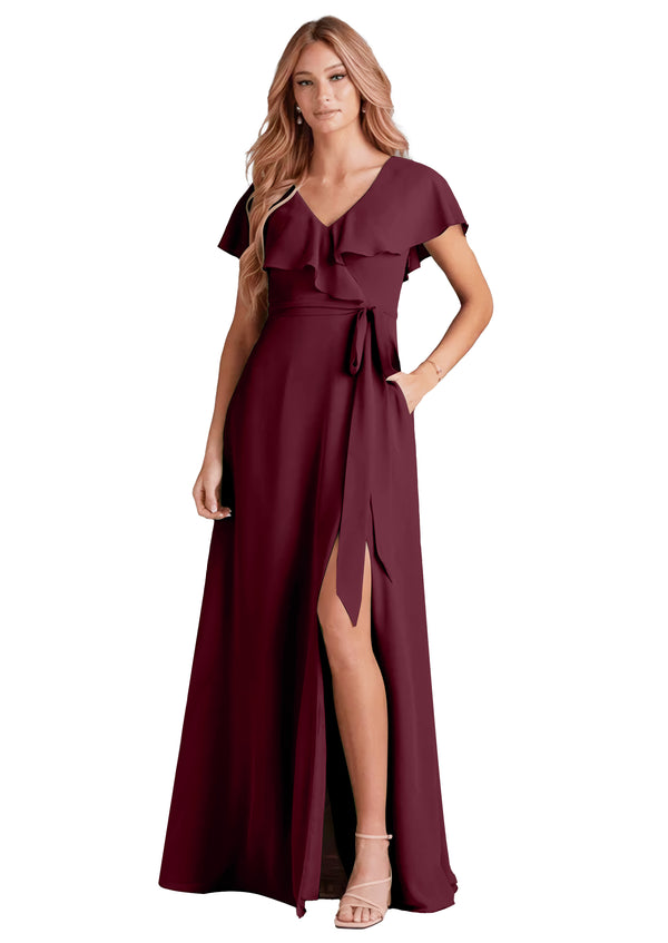 A-line V-Neck Floor-Length Chiffon Bridesmaid Dress With Ruffle