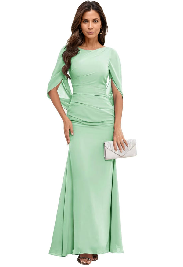 Trumpet/Mermaid Boat Neck Floor-Length Chiffon Mother of the Bride Dress With Pleated