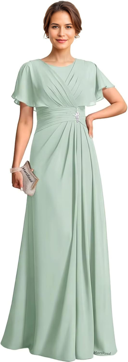 A-line Scoop Floor-Length Chiffon Mother of the Bride Dress With Pleated Beading