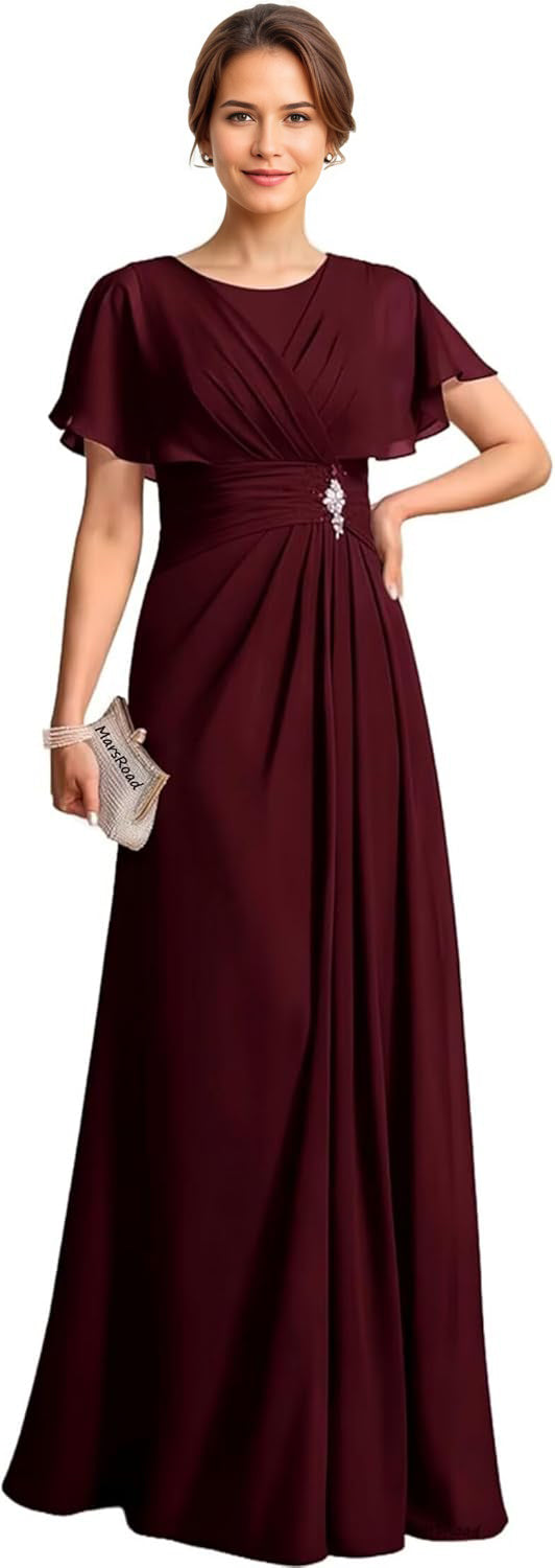A-line Scoop Floor-Length Chiffon Mother of the Bride Dress With Pleated Beading