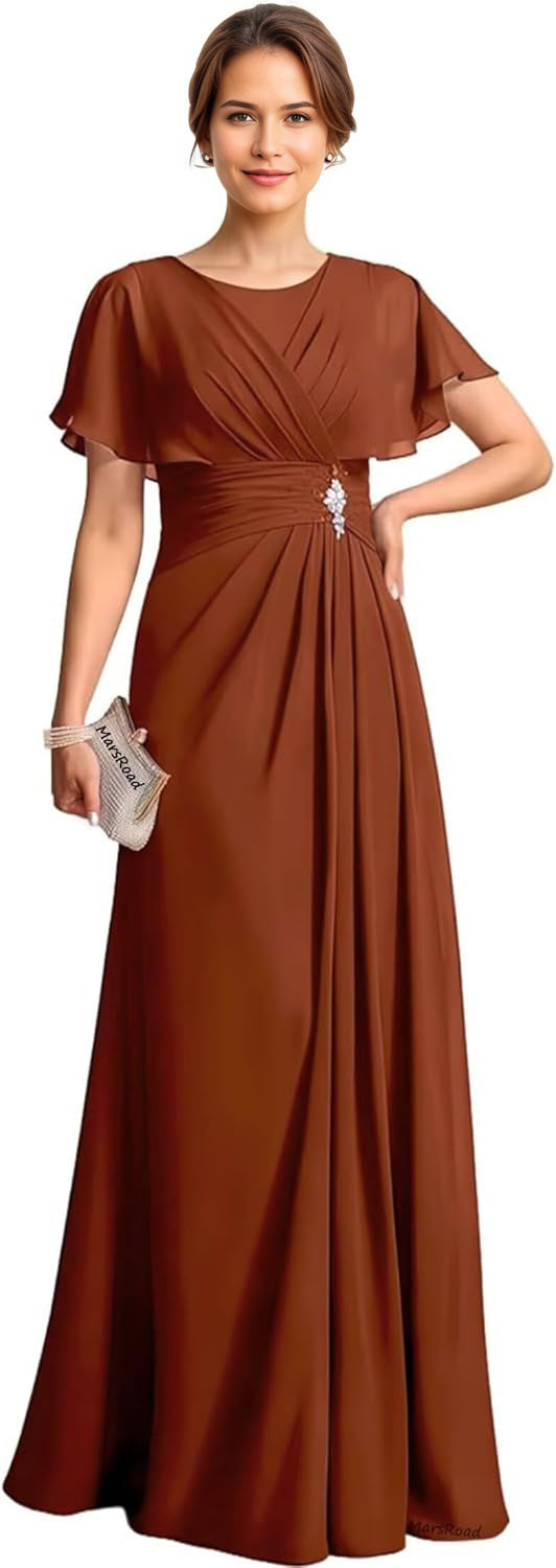 A-line Scoop Floor-Length Chiffon Mother of the Bride Dress With Pleated Beading