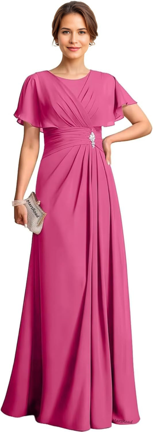 A-line Scoop Floor-Length Chiffon Mother of the Bride Dress With Pleated Beading