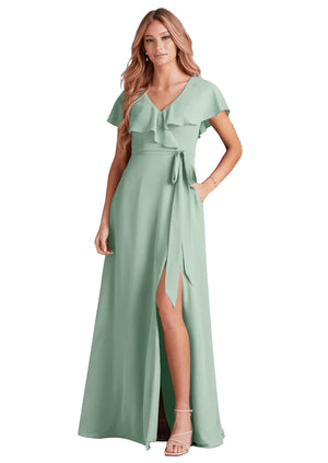 A-line V-Neck Floor-Length Chiffon Bridesmaid Dress With Ruffle