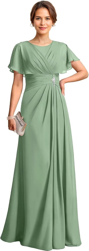 A-line Scoop Floor-Length Chiffon Mother of the Bride Dress With Pleated Beading