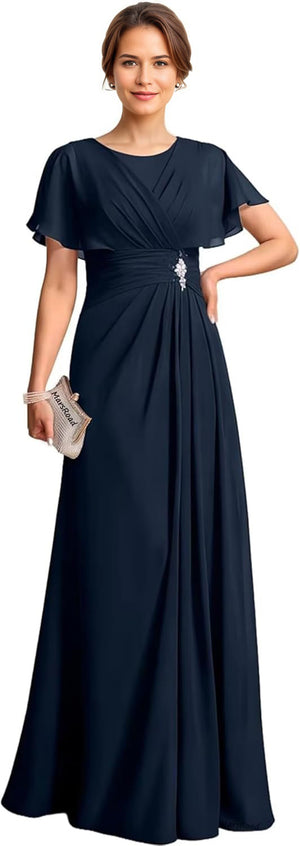 A-line Scoop Floor-Length Chiffon Mother of the Bride Dress With Pleated Beading
