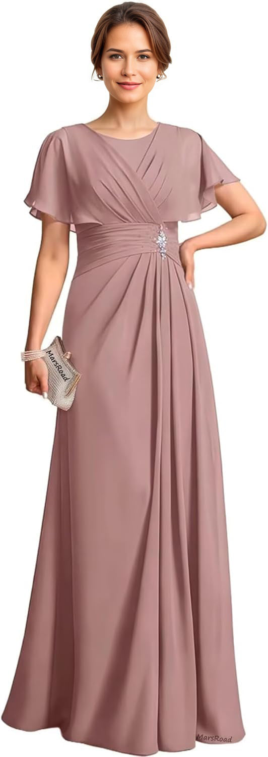 A-line Scoop Floor-Length Chiffon Mother of the Bride Dress With Pleated Beading