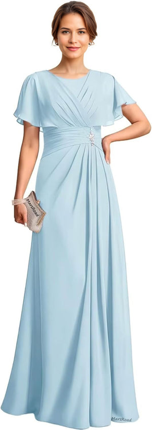 A-line Scoop Floor-Length Chiffon Mother of the Bride Dress With Pleated Beading