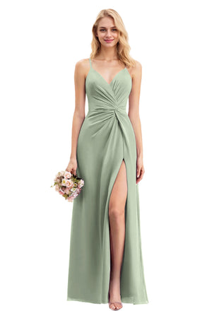 A-line V-Neck Floor-Length Chiffon Bridesmaid Dress With Ruffle