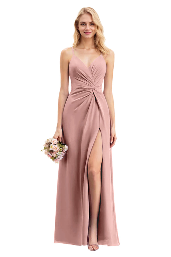 A-line V-Neck Floor-Length Chiffon Bridesmaid Dress With Ruffle