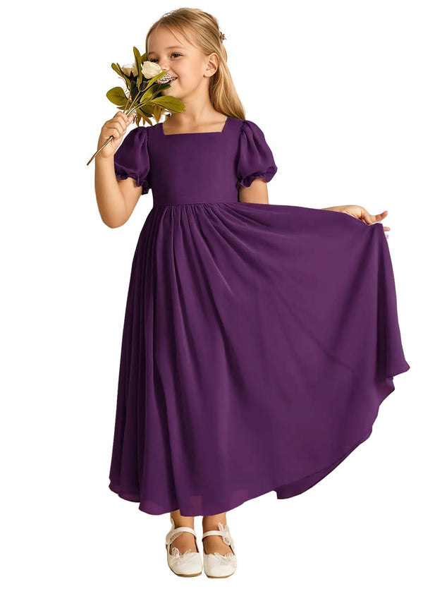 A-line Scoop-Neck Short Sleeves Chiffon Junior Bridesmaid Dress