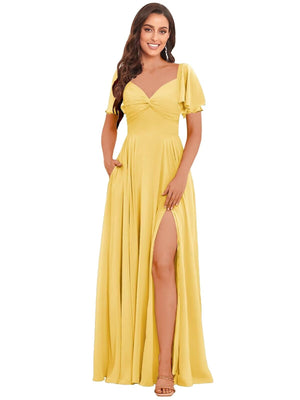 A-line V-Neck Floor-Length Chiffon Bridesmaid Dress With Ruffle