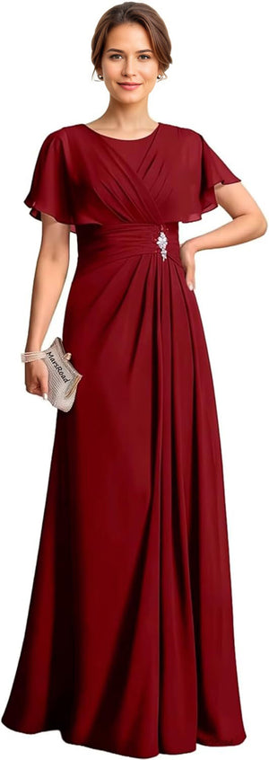 A-line Scoop Floor-Length Chiffon Mother of the Bride Dress With Pleated Beading
