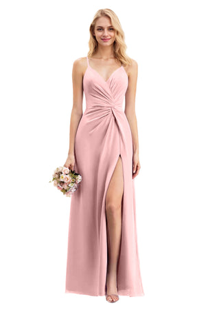 A-line V-Neck Floor-Length Chiffon Bridesmaid Dress With Ruffle