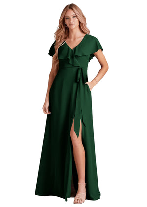 A-line V-Neck Floor-Length Chiffon Bridesmaid Dress With Ruffle