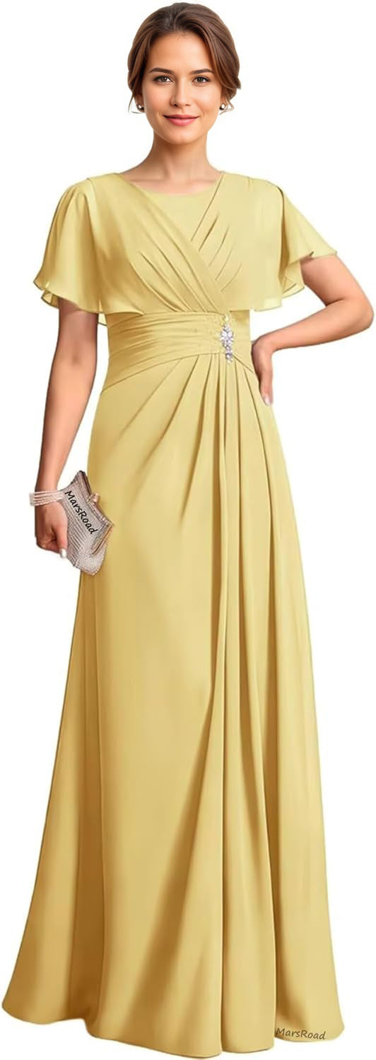 A-line Scoop Floor-Length Chiffon Mother of the Bride Dress With Pleated Beading