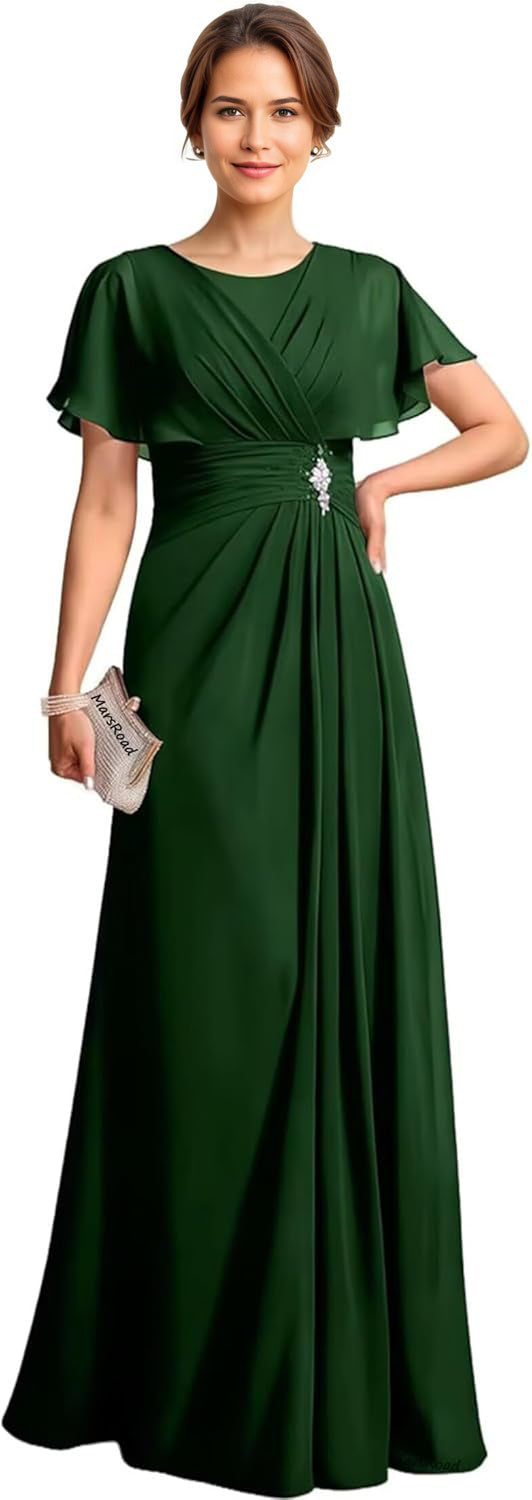 A-line Scoop Floor-Length Chiffon Mother of the Bride Dress With Pleated Beading