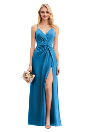 A-line V-Neck Floor-Length Chiffon Bridesmaid Dress With Ruffle