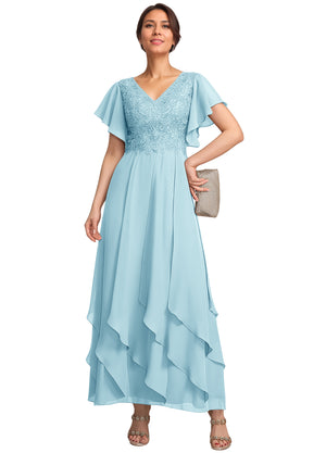A-line V-Neck Ankle-Length Lace Chiffon Mother of the Bride Dress With Cascading Ruffles