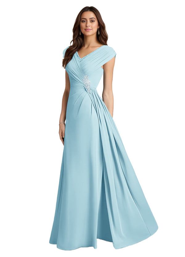 A-line V-Neck Floor-Length Chiffon Mother of the Bride Dress With Pleated Sequins