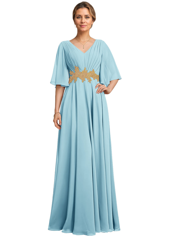 A-line V-Neck Floor-Length Chiffon Lace Mother of the Bride Dress With Sequins Beading