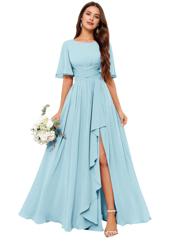 A-line Scoop Floor-Length Chiffon Bridesmaid Dress With Slit