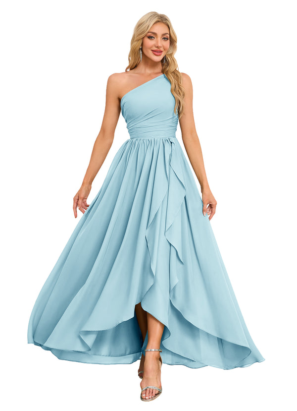 A-line One Shoulder Floor-Length Chiffon Bridesmaid Dress With Ruffle