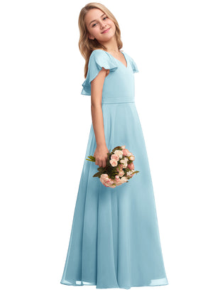 A-line V-Neck Floor-Length Chiffon Junior Bridesmaid Dress