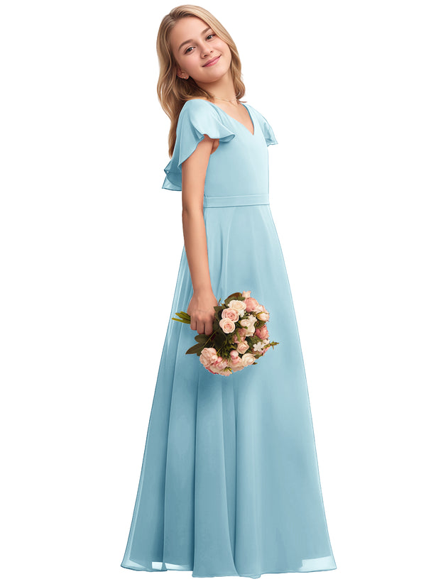 A-line V-Neck Floor-Length Chiffon Junior Bridesmaid Dress
