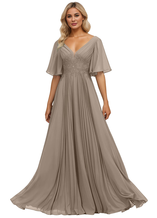 A-line V-Neck Floor-Length Chiffon Mother of the Bride Dress With Sequins Appliques Lace Pleated