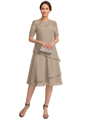 A-line Scoop Illusion Knee-Length Lace Chiffon Mother of the Bride Dress With Sequins
