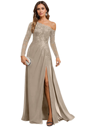 Trumpet/Mermaid Asymmetrical Illusion Floor-Length Lace Chiffon Evening Dress With Sequins