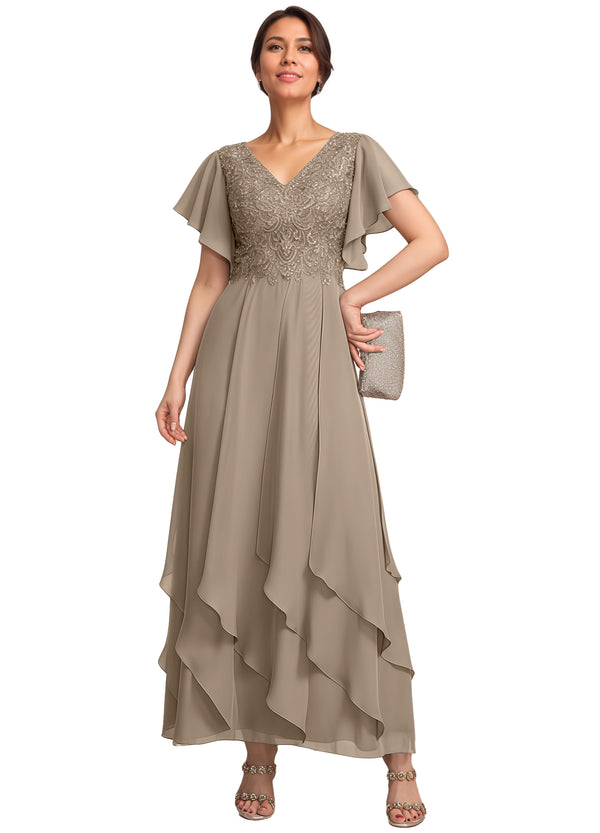 A-line V-Neck Ankle-Length Lace Chiffon Mother of the Bride Dress With Cascading Ruffles