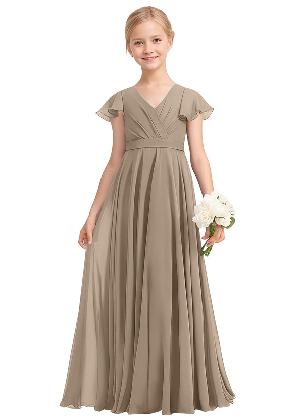 A-line V-Neck Floor-Length Chiffon Junior Bridesmaid Dress