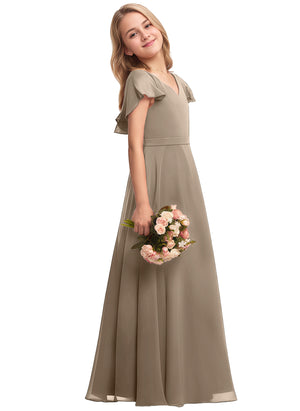 A-line V-Neck Floor-Length Chiffon Junior Bridesmaid Dress