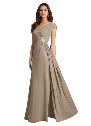 A-line V-Neck Floor-Length Chiffon Mother of the Bride Dress With Pleated Sequins