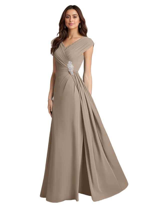 A-line V-Neck Floor-Length Chiffon Mother of the Bride Dress With Pleated Sequins