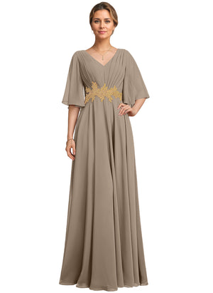 A-line V-Neck Floor-Length Chiffon Lace Mother of the Bride Dress With Sequins Beading