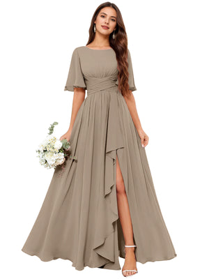 A-line Scoop Floor-Length Chiffon Bridesmaid Dress With Slit